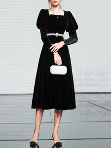 Black Square Collar Puff Long Sleeve  Vintage Velvet Dress