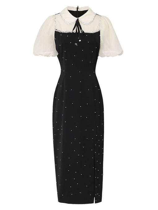 Black Peter Pan Collar Puff Sleeve Split Party Sexy Dress