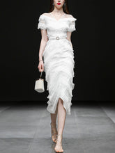 Load image into Gallery viewer, White Romantic Wedding Ruffles V-Neck Sequin Lace Irregular Hem Dress
