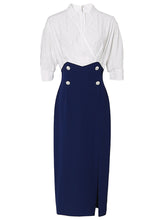 Load image into Gallery viewer, White And Navy Lantern Sleeve Slit Dress Vintage 1940S Dress
