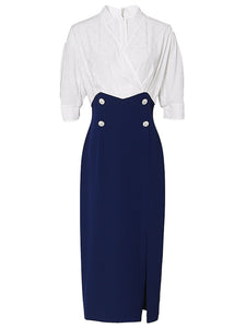 White And Navy Lantern Sleeve Slit Dress Vintage 1940S Dress