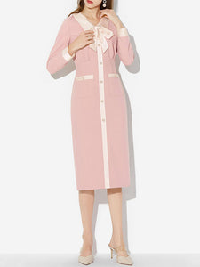 Pink Turn Down Collar Long Sleeve 1940S Vintage Dress With Pockets
