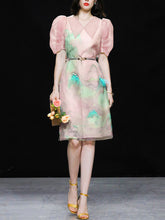 Load image into Gallery viewer, Pink Organza Puff Sleeve Vintage Dress With Belt