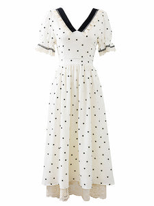 Lace V Neck Polka Dots Puff Sleeve Vintage Dress