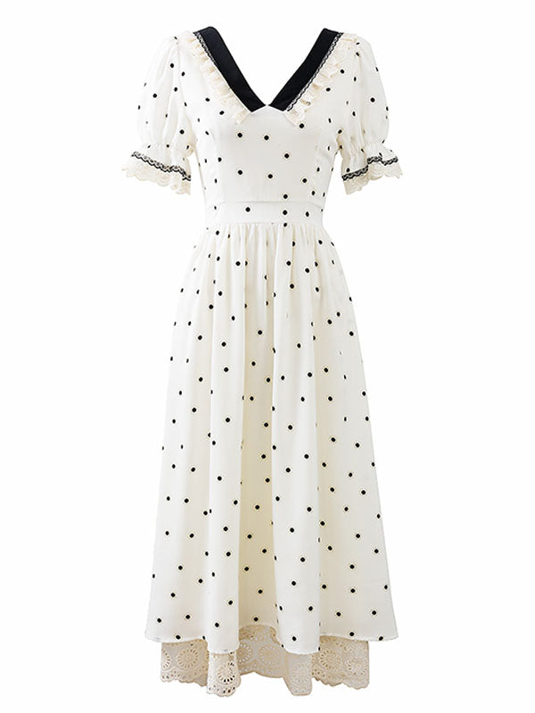 Lace V Neck Polka Dots Puff Sleeve Vintage Dress