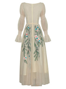 Embroidered Flower Square Collar 1950s Vintage Party Dress