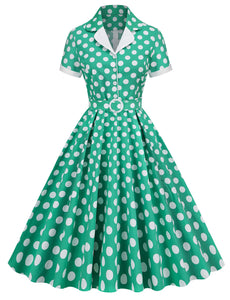 Green Polka Dots Turn Down Collar Short Sleeves 1950S Vinatge Shirt Dress