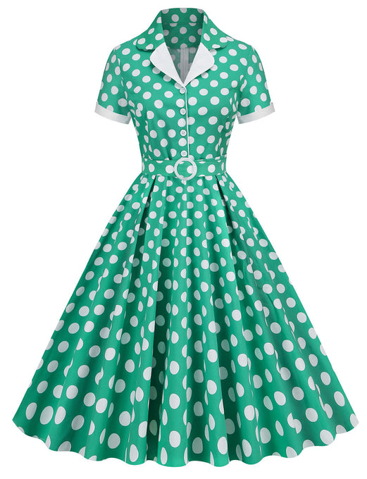 Green Polka Dots Turn Down Collar Short Sleeves 1950S Vinatge Shirt Dress