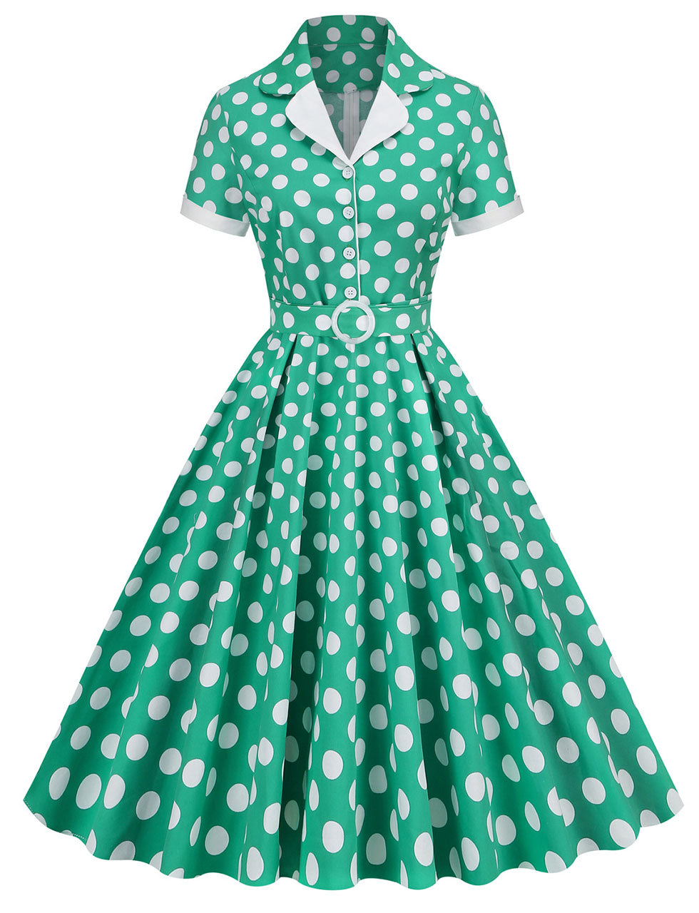 Green Polka Dots Turn Down Collar Short Sleeves 1950S Vinatge Shirt Dress