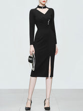 Load image into Gallery viewer, Black V Neck Long Sleeve Sexy Split 1940S Dress
