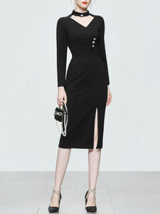 Black V Neck Long Sleeve Sexy Split 1940S Dress