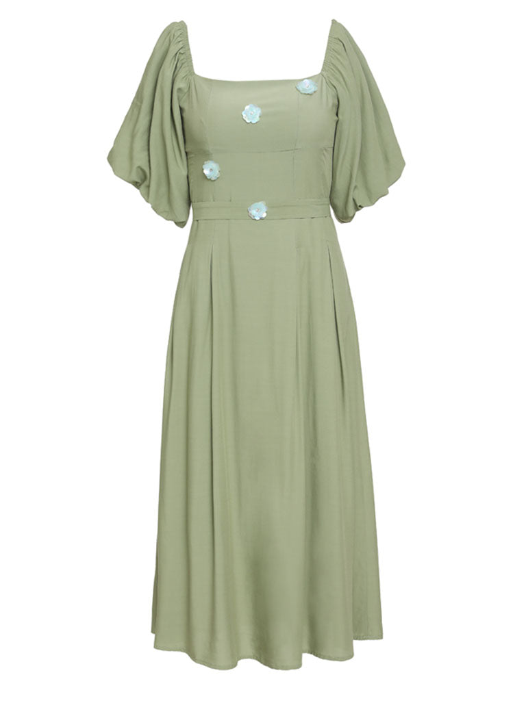 Green The Wonderful Wizard of oz Flowers Vintage Swing Dress with Ribbon Scarf, Green / S