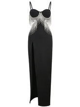 Load image into Gallery viewer, Black Spaghetti Strap Rhinestones Slit Sexy Gown Party Dress