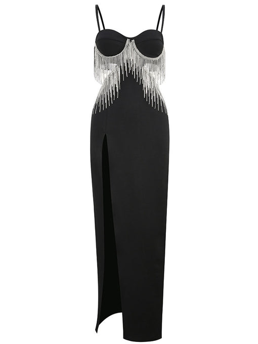 Black Spaghetti Strap Rhinestones Slit Sexy Gown Party Dress