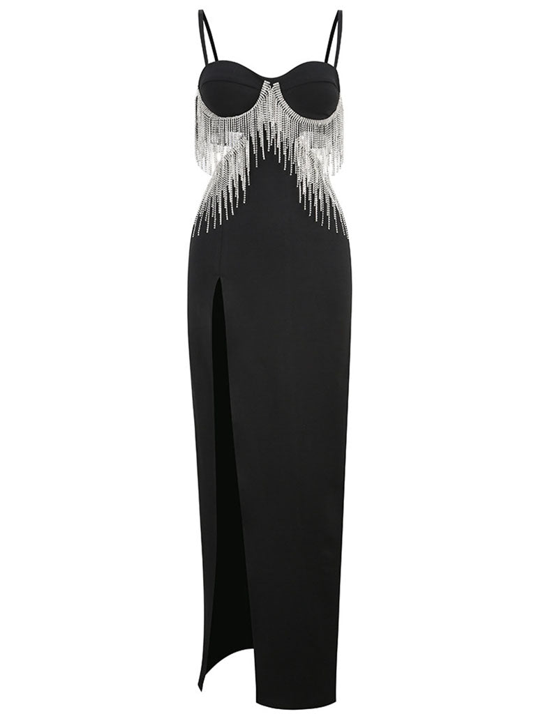 Black Spaghetti Strap Rhinestones Slit Sexy Gown Party Dress