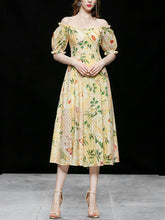 Load image into Gallery viewer, Embroidered Puff Sleeve Monet&#39;s Garden 1950s Vintage Party Dress