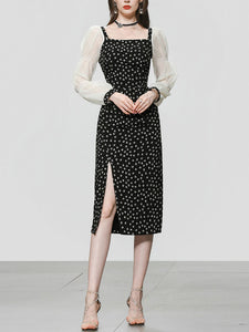 Black Daisy Print Split Straight Dress With White Long Sleeve