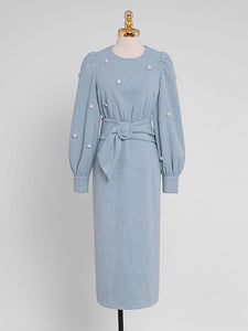 Baby Blue Pearl Inlaid Diamante Flower Long Sleeve Corduroy 1940S Dress