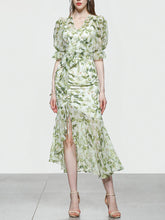 Load image into Gallery viewer, Light Green Floral Print V Neck Vintage Style Ruffles Dress