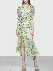 Light Green Floral Print V Neck Vintage Style Ruffles Dress