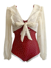 Load image into Gallery viewer, Red Polka Dots Lace Ruffles One Piece Swimwear With Long Sleeve Top Set