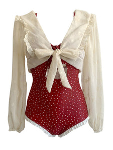 Red Polka Dots Lace Ruffles One Piece Swimwear With Long Sleeve Top Set