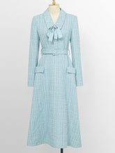 Load image into Gallery viewer, Baby Blue V Neck Retro Swing Tweed Dress With Long Sleeve For Winter