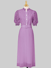 Load image into Gallery viewer, Apricot Stand Collar Puff Sleeve Mesh Pleated Dress