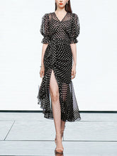 Load image into Gallery viewer, Black Polka Dots V Neck Vintage Style Ruffles Dress