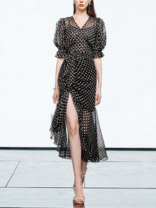 Black Polka Dots V Neck Vintage Style Ruffles Dress