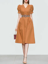 Load image into Gallery viewer, Orange V Neck Puff Sleeve Audrey Hepburn Style 50S Vintage Dress With Belt