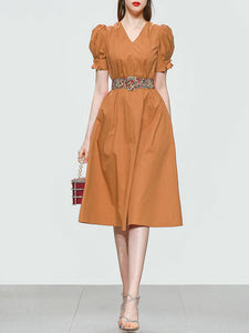 Orange V Neck Puff Sleeve Audrey Hepburn Style 50S Vintage Dress With Belt