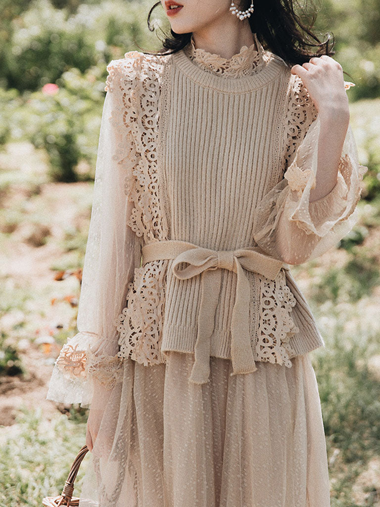 Romantic Fall Long Sleeve Vintage Knitting Vest Dress Set