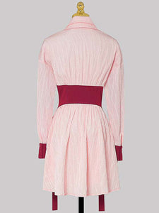 Pink Turn-Down Collar  Retro Corset Shirt Dress With Long Sleeve