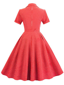 Green Plaid Turn Down Collar Short Sleeves 1950S Vintage Shirt Dress