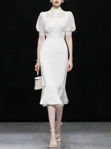 White Stand Collar Puff Sleeve Princess Mermaid Organza Dress