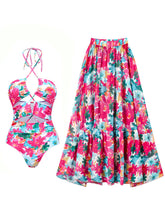 Load image into Gallery viewer, Pink Handmade Flower Halter Ruffles One Piece With Bathing Suit Wrap Skirt