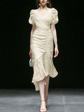 Load image into Gallery viewer, Light Yellow Chiffon Waist Long Skirt Puff Sleeve Fishtail Dress