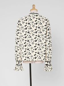 2PS Stand Collar Printed Top And Black Flared Pants Set