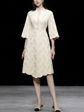 Load image into Gallery viewer, Apricot Half Turtleneck Flared Sleeve Embroidered Wave Hem Vintage Dress