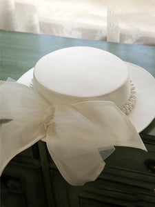 White Big Bow Wedding Pearls Hat With Vintage Boater Hat