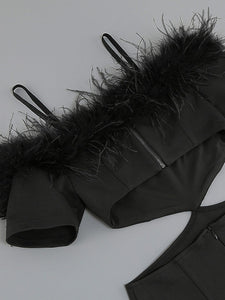 Black Spaghetti Strap Feather Off The Shoulder Bodycon Dress Sexy Gown Party Dress