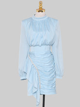 Load image into Gallery viewer, Blue Lantern Long Sleeve Crinkled Bodycon Satin Party Dress