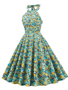 Green Floral Print Halter Classis Vintage Style 1950S Dress With Back Bowknot