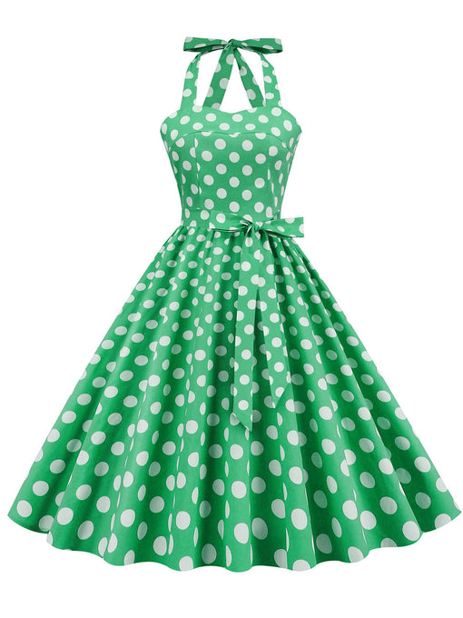 Blue And White Polka Dots Vintage Halter 1950S Dress With Belt