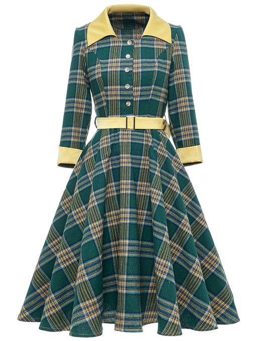 Green Plaid 3/4 Sleeve 1950S Vintage Dress With Belt
