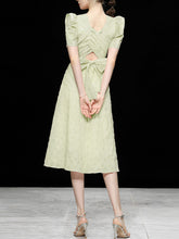 Load image into Gallery viewer, Avocado Green Crossback Puff Sleeve 1950S Vintage Dress
