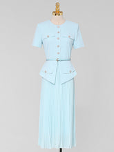 Load image into Gallery viewer, Retro Blue Short Sleeve New Look Style Pleated Fake Two Piece Suit Dress