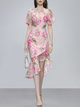Load image into Gallery viewer, Pink Floral Print Chiffon Ruffles 1960S Dress