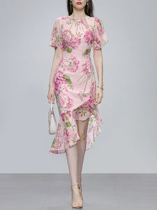 Pink Floral Print Chiffon Ruffles 1960S Dress